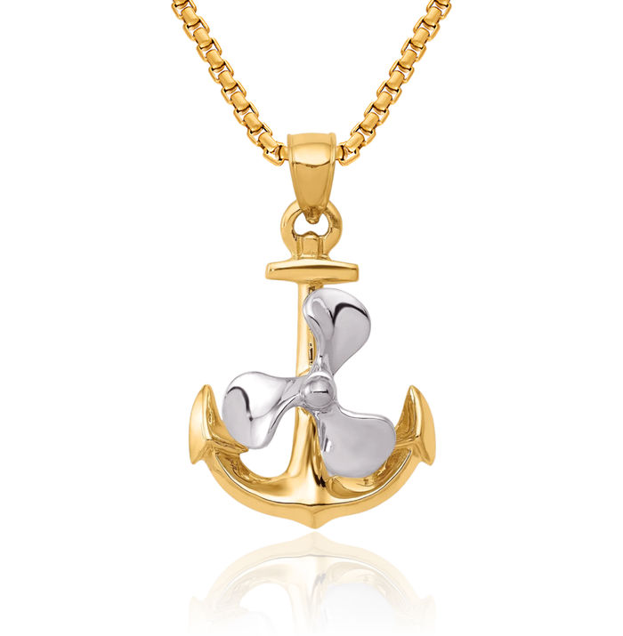 10K Solid Two Tone Gold Dangling Anchor Mariner Fishing Boat Propeller Necklace Nautical Charm Pendant