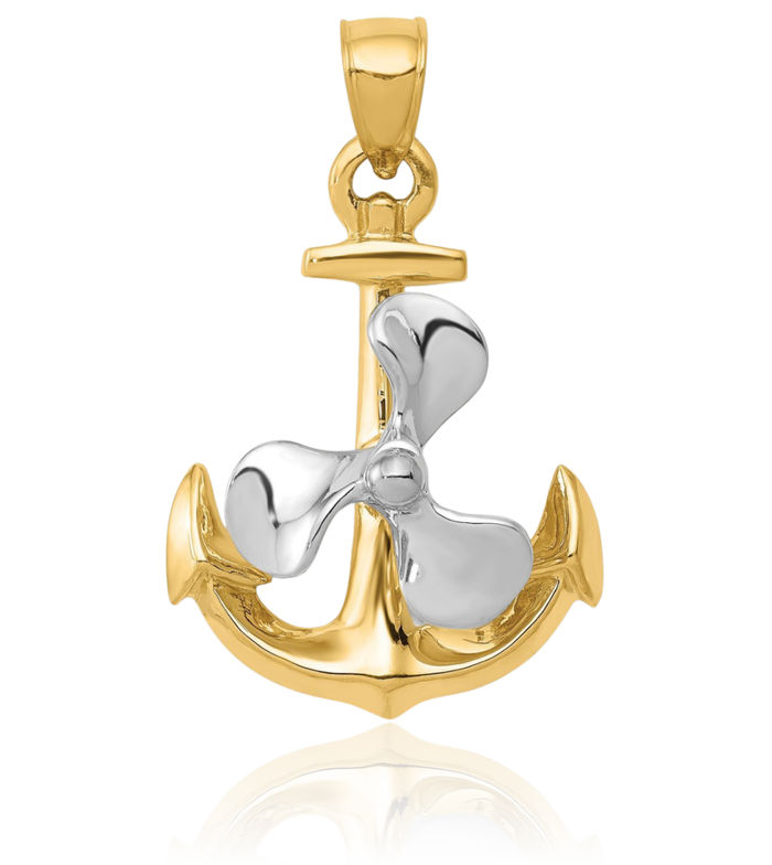 10K Solid Two Tone Gold Dangling Anchor Mariner Fishing Boat Propeller Necklace Nautical Charm Pendant