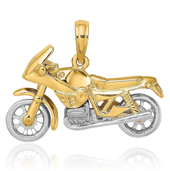 10K Solid Two Tone Gold Dangling Motorcycle Bike Necklace Chain Pendant Charm