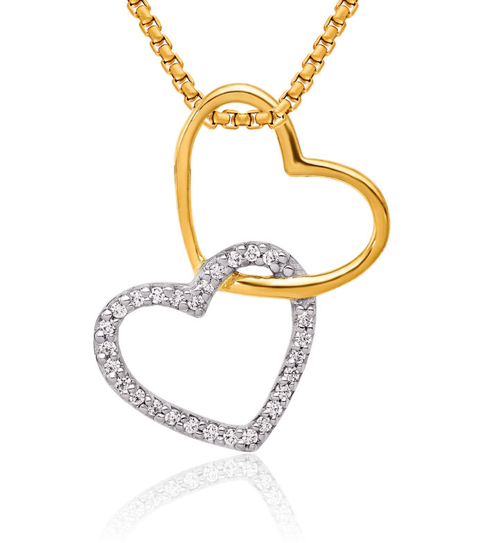 10K Solid Two Tone Gold Diamond Double Heart Floating Chain Slide Pendant Necklace Charm