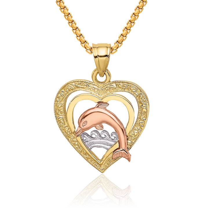 10K Solid Two Tone Gold White Sea Dolphin Ocean Fish Beach Nautical Heart Necklace Love Pendant Charm