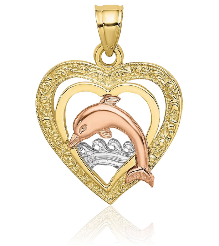 10K Solid Two Tone Gold White Sea Dolphin Ocean Fish Beach Nautical Heart Necklace Love Pendant Charm
