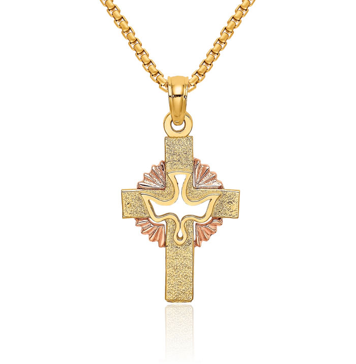 10K Solid Two Tone Gold Dove Symbol Peace Love Holy Spirit Heart Irish Claddagh Celtic Iona Cross Necklace Religious Chain Pendant Jesus Christ Charm Jewelry