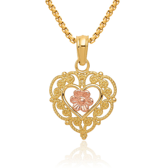 10K Solid Two Tone Gold Flower Heart Necklace Love Pendant Charm