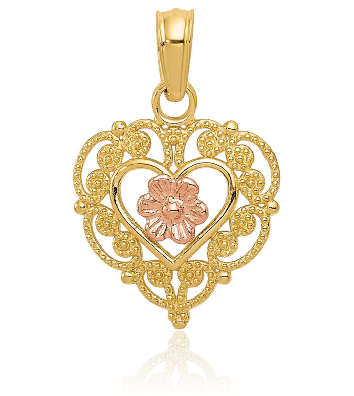 10K Solid Two Tone Gold Flower Heart Necklace Love Pendant Charm