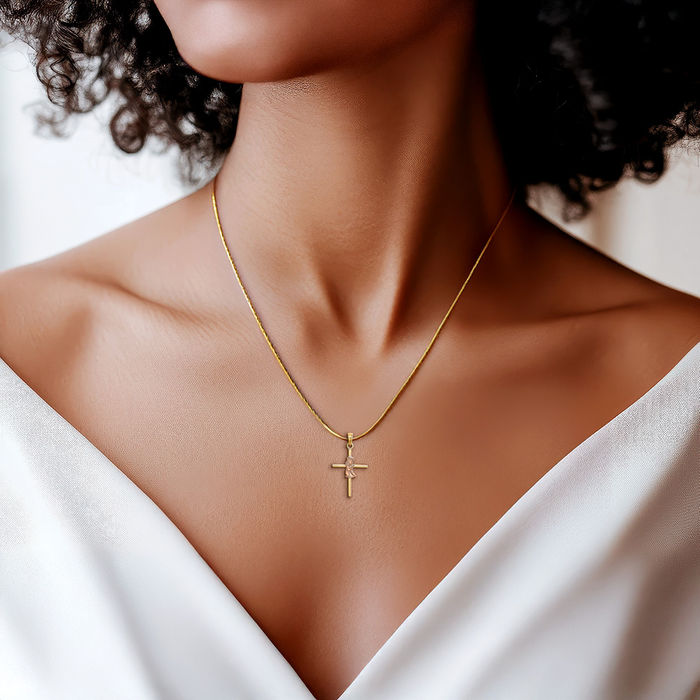 10K Solid Two Tone Gold Girl Holy Cross Necklace Religious Chain Pendant Jesus Christ Charm