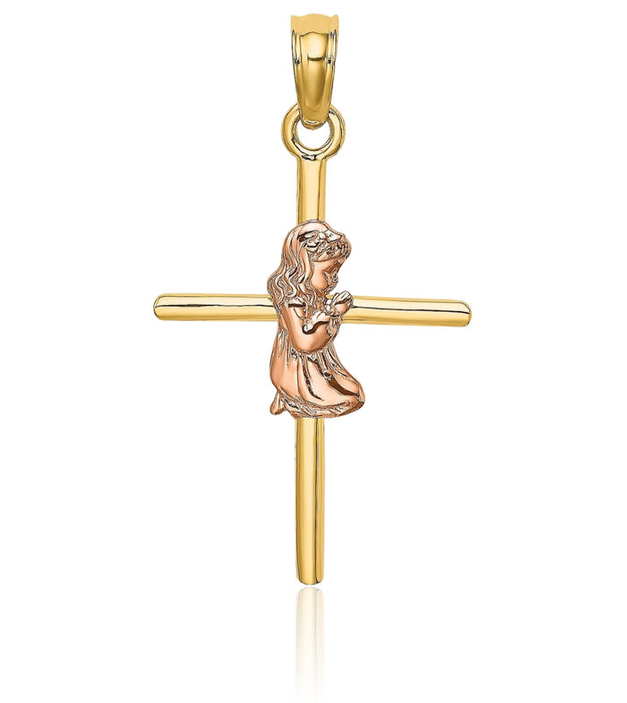 10K Solid Two Tone Gold Girl Holy Cross Necklace Religious Chain Pendant Jesus Christ Charm