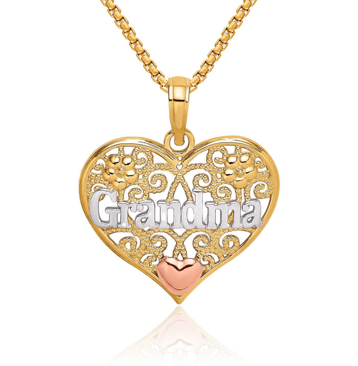 10K Solid Two Tone Gold White Grandma Heart Necklace Nana Charm Grandmother Pendant