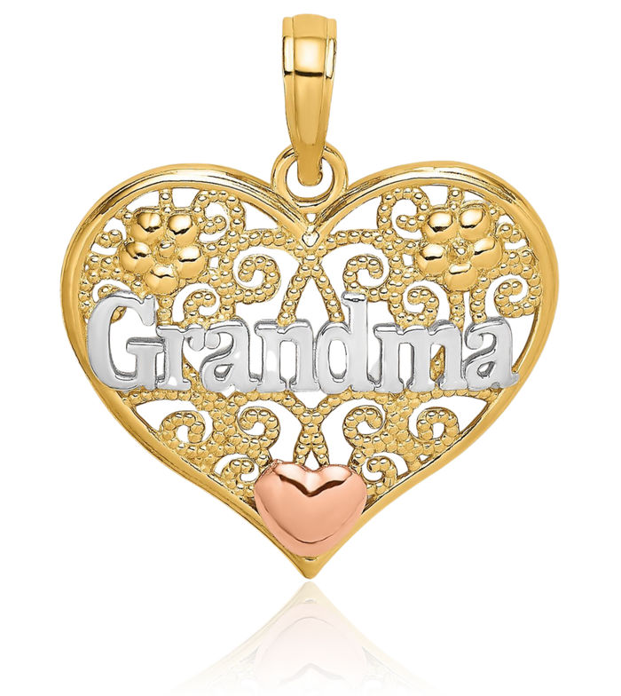 10K Solid Two Tone Gold White Grandma Heart Necklace Nana Charm Grandmother Pendant