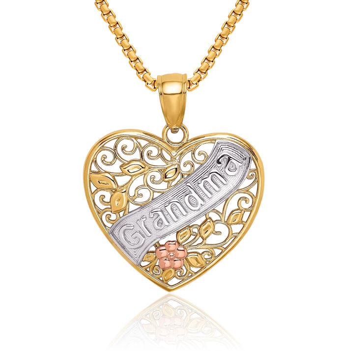 10K Solid Two Tone Gold White Grandma Heart Necklace Nana Charm Grandmother Pendant