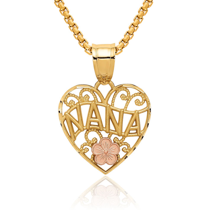 14K Solid Two Tone Gold Grandma Heart Necklace Nana Charm Grandmother Pendant