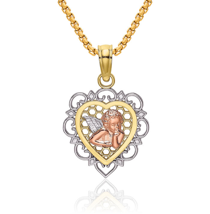 10K Solid Two Tone Gold Guardian Angel Wings Heart Necklace Protect Us Cherub Pendant Religious Charm