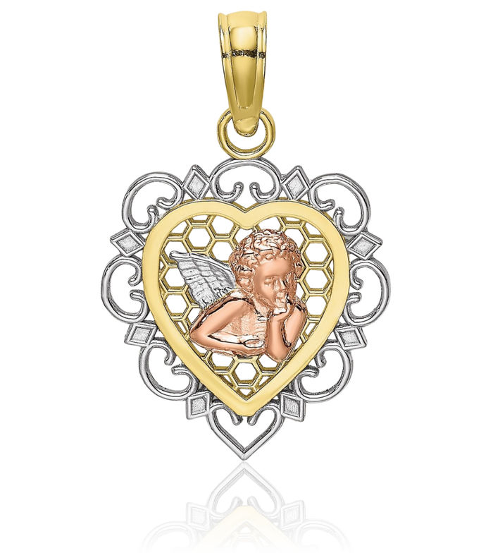 10K Solid Two Tone Gold Guardian Angel Wings Heart Necklace Protect Us Cherub Pendant Religious Charm