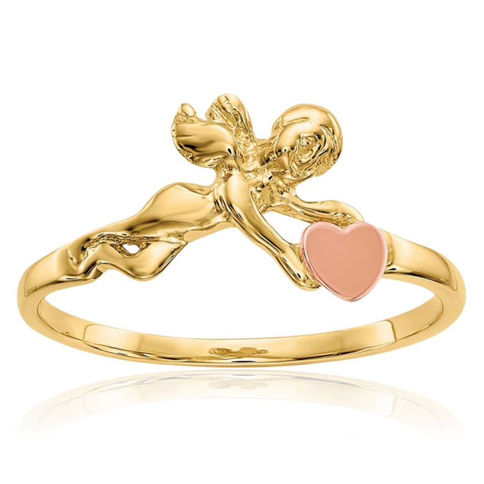 10K Solid Two Tone Gold Guardian Angel Wings Heart Ring Love Band