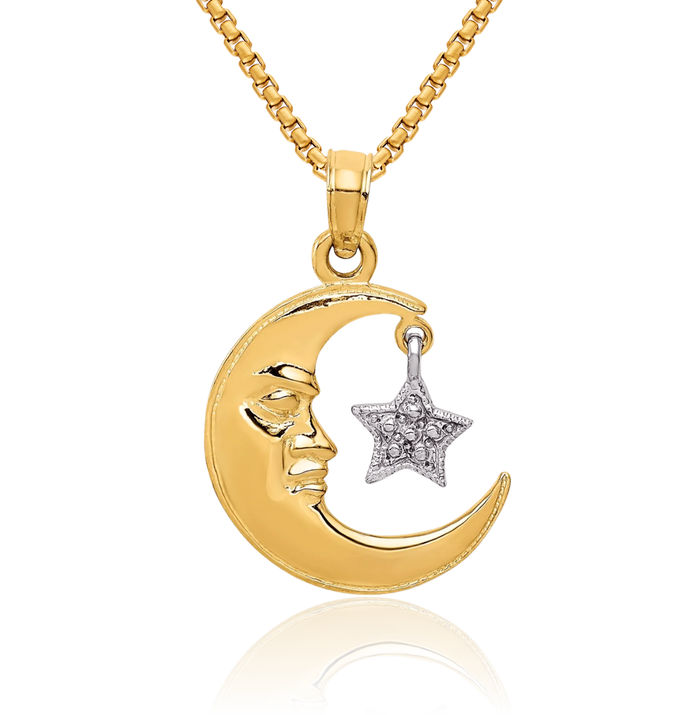 10K Solid Two Tone Gold Half Crescent Moon Star Necklace Chain Pendant Charm Celestial Jewelry