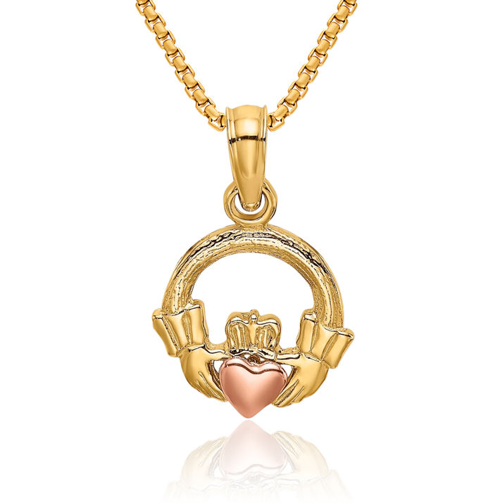 10K Solid Two Tone Gold Heart Irish Claddagh Necklace Celtic Charm Pendant Jewelry