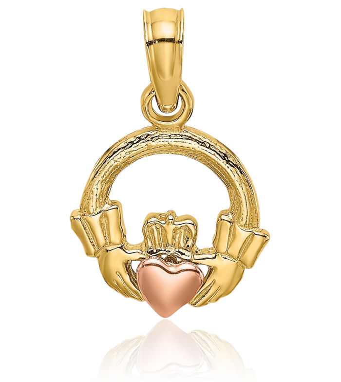 10K Solid Two Tone Gold Heart Irish Claddagh Necklace Celtic Charm Pendant Jewelry