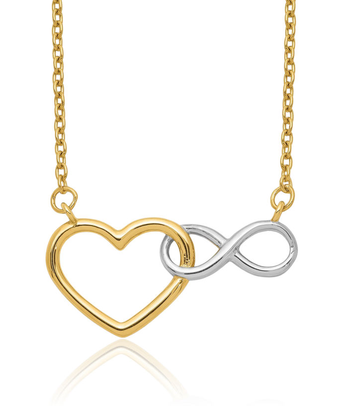 10K Solid Two Tone Yellow White Gold Heart Infinity Twisted Love Knot Symbol Chain Necklace