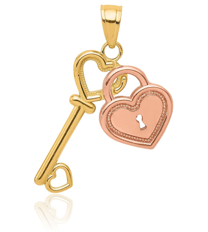 10K Solid Two Tone Gold Heart Key Necklace Chain Pendant Charm