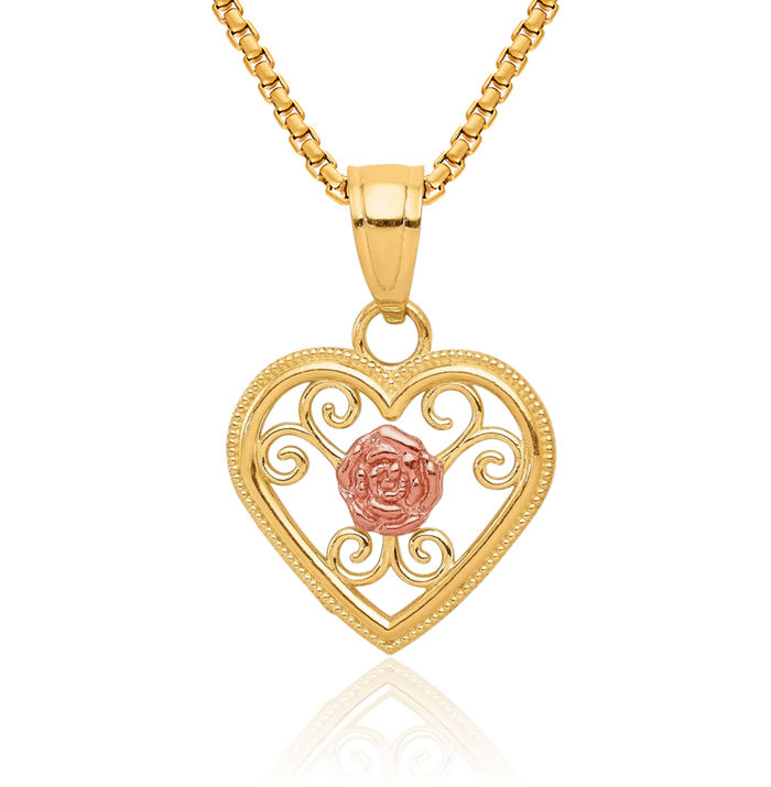 10K Solid Two Tone Gold Heart Necklace Love Pendant Charm