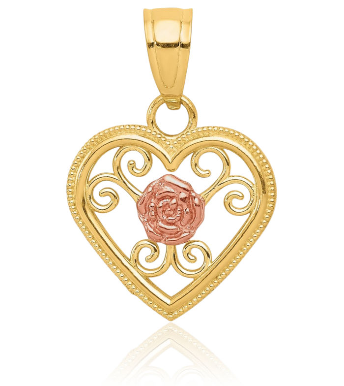 10K Solid Two Tone Gold Heart Necklace Love Pendant Charm