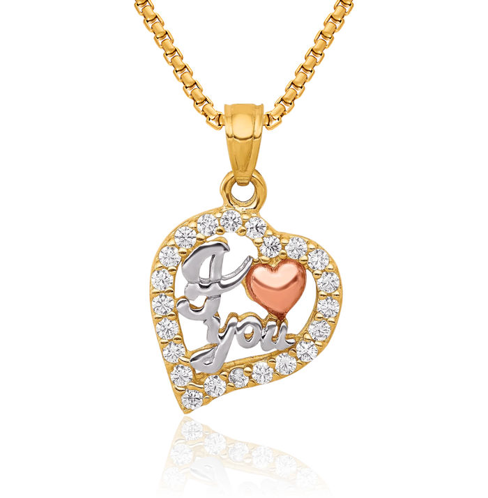 10K Solid Two Tone Gold White I Love You Cubic Zirconia CZ Heart Necklace Chain Pendant Charm