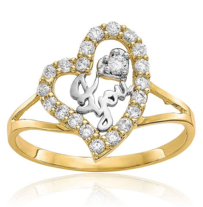 10K Solid Two Tone Yellow White Gold I Love You Cubic Zirconia CZ Heart Ring