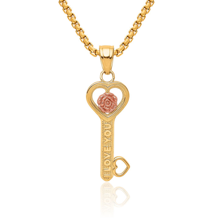 10K Solid Two Tone Gold I Love You Key Necklace Chain Pendant Charm