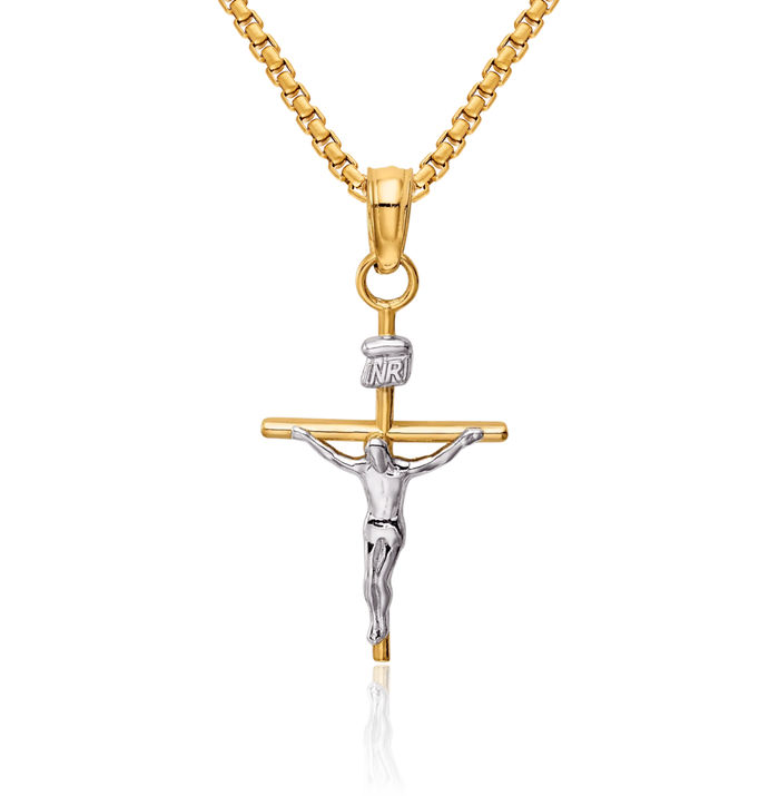 10K Solid Two Tone Gold Inri Lord Jesus Christ Crucifix Holy Cross Necklace Religious Chain Pendant Charm