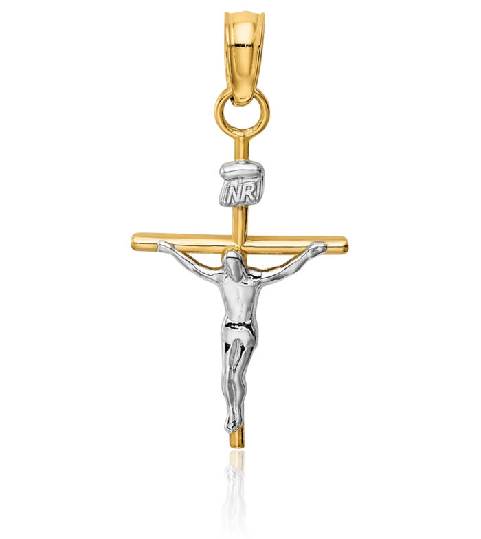 10K Solid Two Tone Gold Inri Lord Jesus Christ Crucifix Holy Cross Necklace Religious Chain Pendant Charm