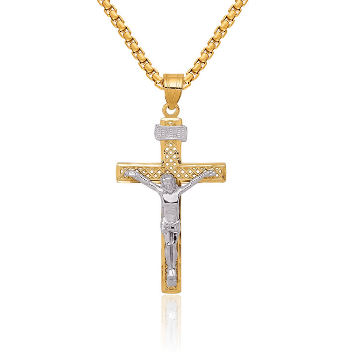10K Solid Two Tone Gold Inri Lord Jesus Christ Crucifix Holy Cross Necklace Religious Chain Pendant Charm