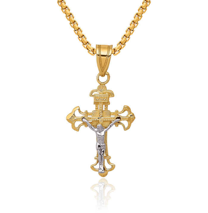 10K Solid Two Tone Gold Inri Lord Jesus Christ Crucifix Holy Cross Necklace Religious Chain Pendant Charm