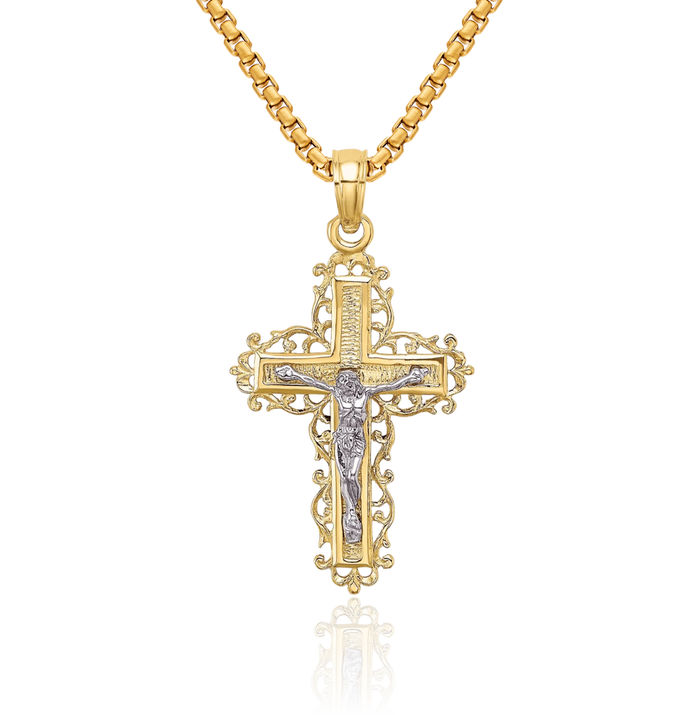 10K Solid Two Tone Gold Lord Jesus Christ Crucifix Holy Cross Necklace Religious Chain Pendant Charm