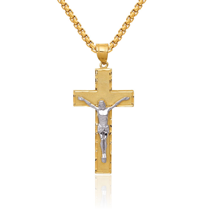 10K Solid Two Tone Gold Lord Jesus Christ Crucifix Holy Cross Necklace Religious Chain Pendant Charm