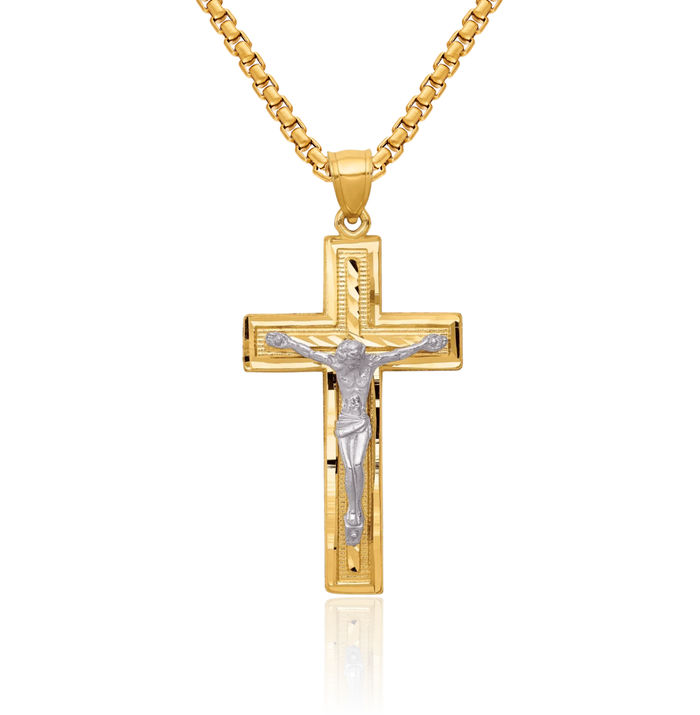 10K Solid Two Tone Gold Latin Mexican Lord Jesus Christ Crucifix Holy Cross Necklace Religious Chain Pendant Christian Charm