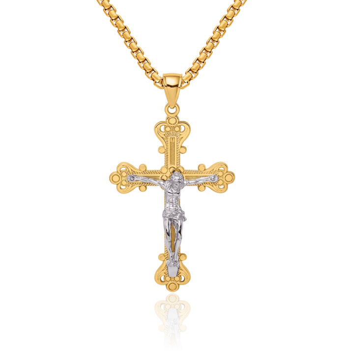 10K Solid Two Tone Gold Lord Jesus Christ Crucifix Holy Cross Necklace Religious Chain Pendant Charm