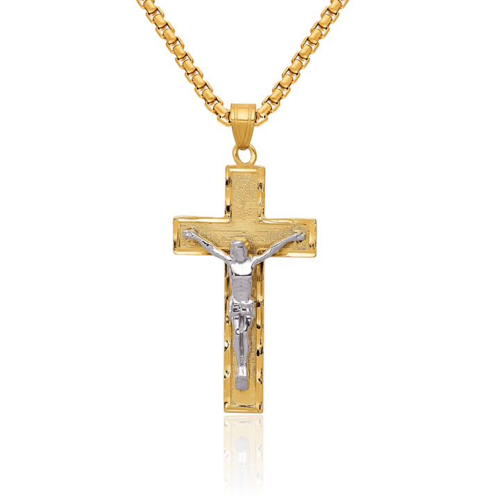 10K Solid Two Tone Gold Lord Jesus Christ Crucifix Holy Cross Necklace Religious Chain Pendant Charm