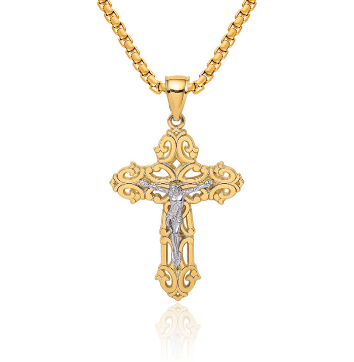 10K Solid Two Tone Gold Lord Jesus Christ Crucifix Holy Cross Necklace Religious Chain Pendant Charm