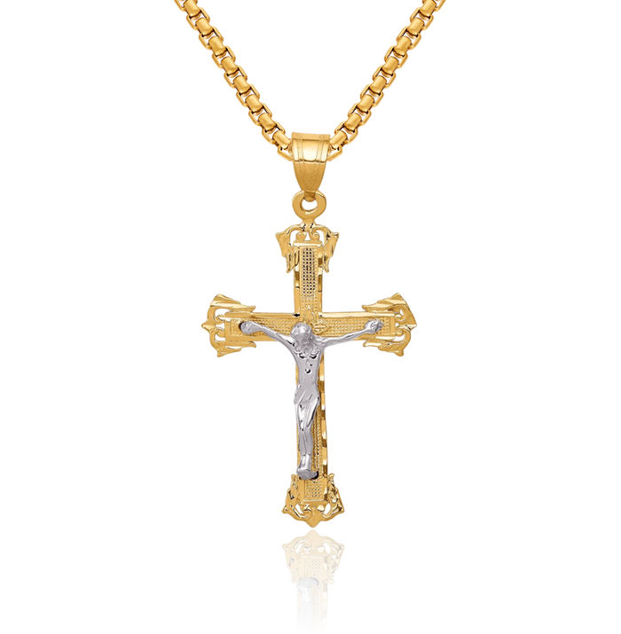 10K Solid Two Tone Gold Lord Jesus Christ Crucifix Holy Cross Necklace Religious Chain Pendant Charm