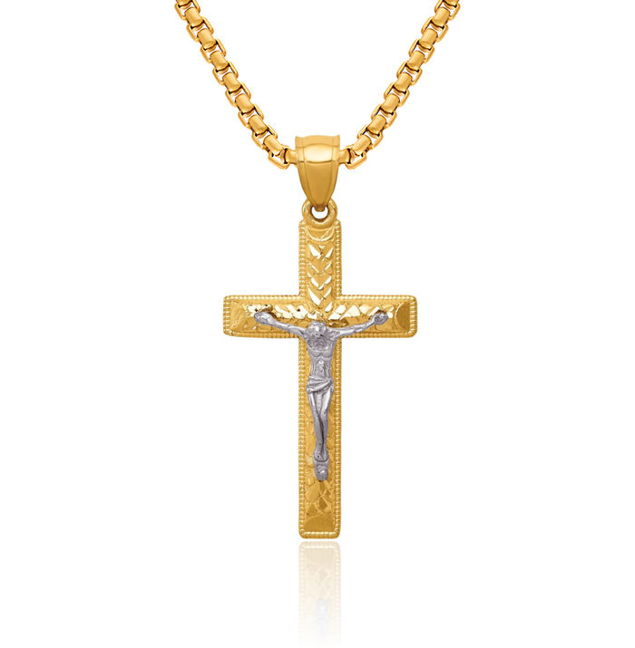 10K Solid Two Tone Gold Lord Jesus Christ Crucifix Holy Cross Necklace Religious Chain Pendant Charm