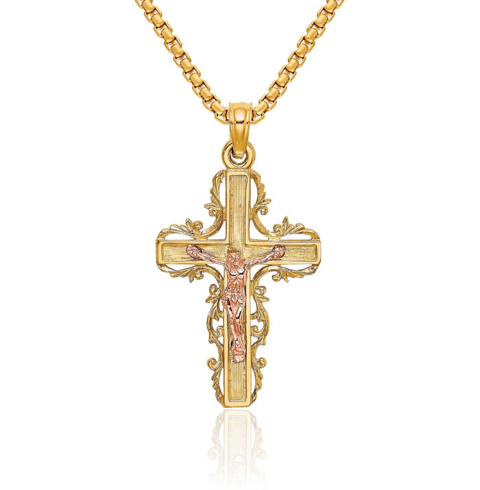 10K Solid Two Tone Gold Lord Jesus Christ Crucifix Holy Cross Necklace Religious Chain Pendant Charm