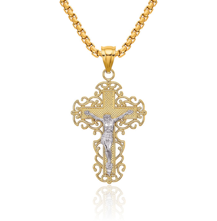 10K Solid Two Tone Gold Lord Jesus Christ Crucifix Holy Cross Necklace Religious Chain Pendant Charm