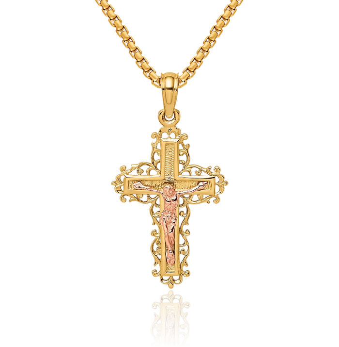 10K Solid Two Tone Gold Lord Jesus Christ Crucifix Holy Cross Necklace Religious Chain Pendant Charm