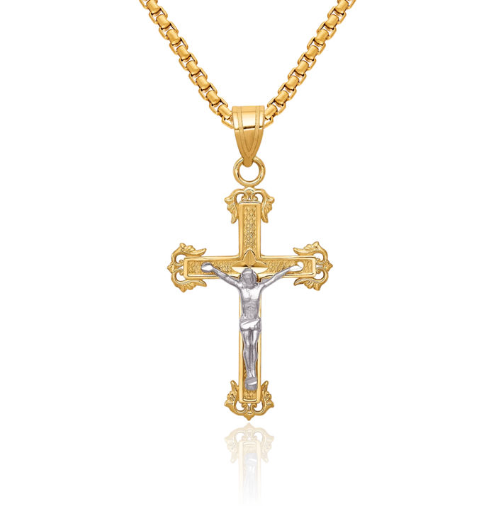 10K Solid Two Tone Gold Lord Jesus Christ Crucifix Holy Cross Necklace Religious Chain Pendant Charm