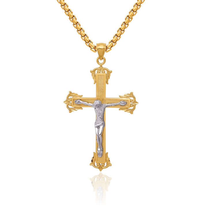 10K Solid Two Tone Gold Lord Jesus Christ Crucifix Holy Cross Necklace Religious Chain Pendant Charm