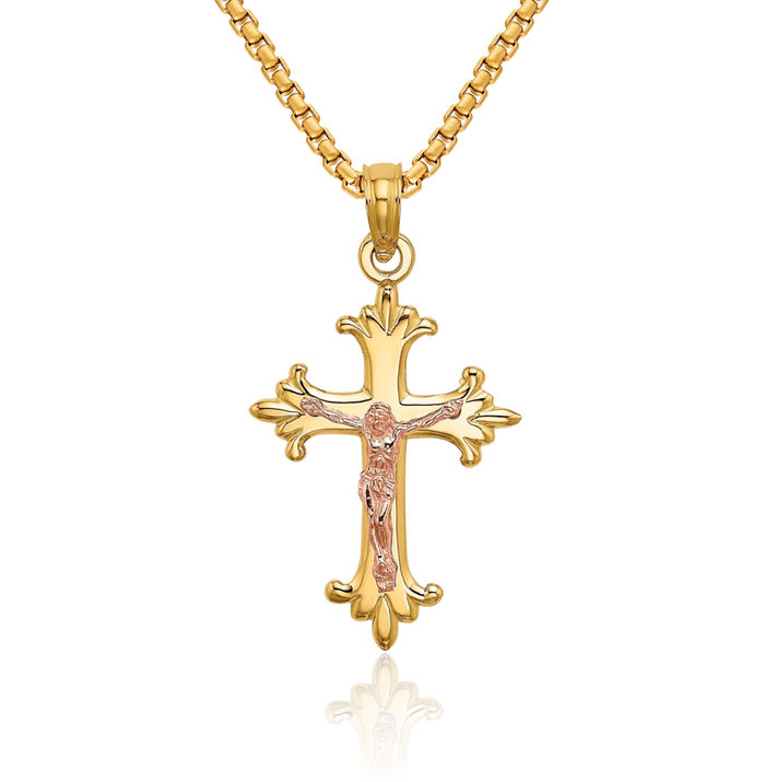 10K Solid Two Tone Gold Lord Jesus Christ Crucifix Holy Cross Necklace Religious Chain Pendant Charm