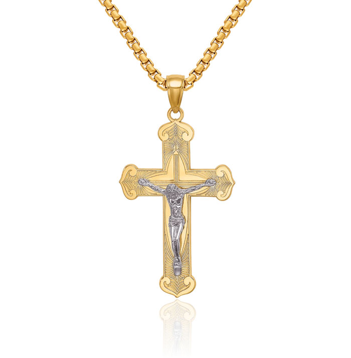 10K Solid Two Tone Gold Lord Jesus Christ Crucifix Holy Cross Necklace Religious Chain Pendant Charm