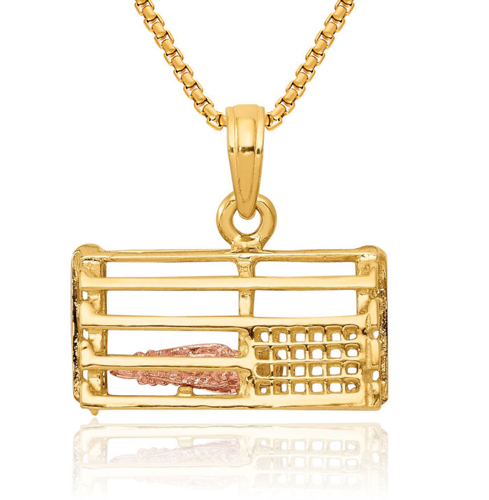 10K Solid Two Tone Gold Lobster Trap Necklace Chain Pendant Charm