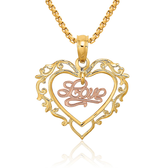 10K Solid Two Tone Gold Love Heart Necklace Chain Pendant Charm