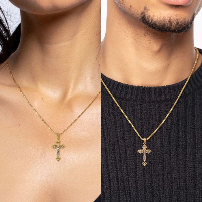 10K Solid Two Tone Gold Medium Lacey Edged Inri Jesus Crucifix